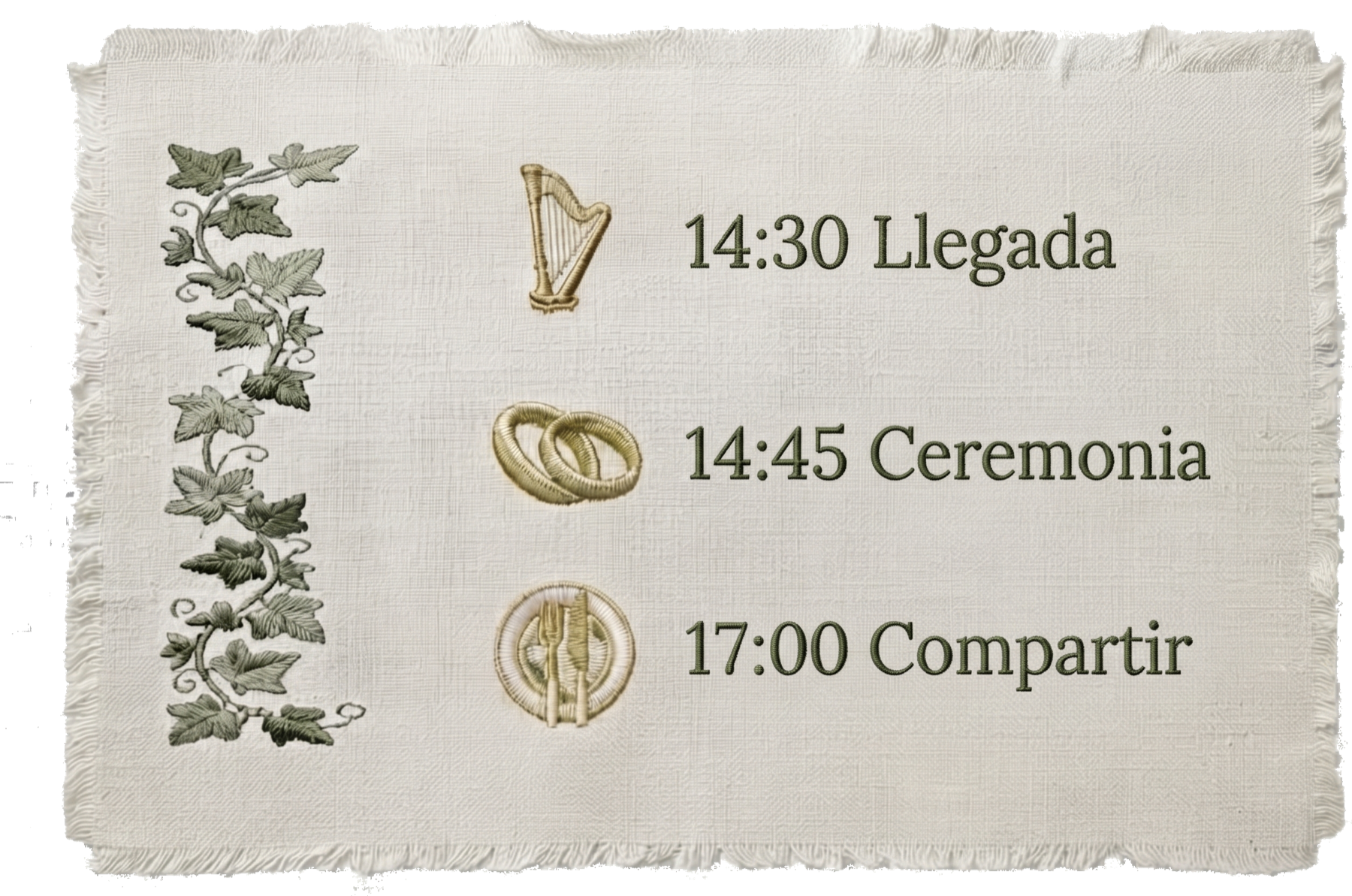 14:30 Llegada, 14:45 Ceremonia, 17:00 Compartir